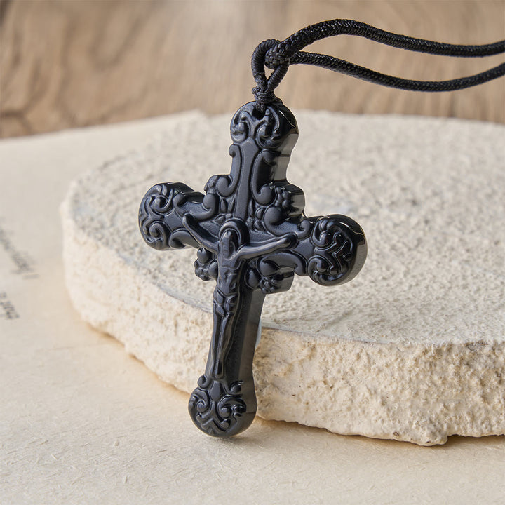 Collana con ciondolo a crocifisso in ossidiana in stile classico Christianartworkshop - Nero - image 0