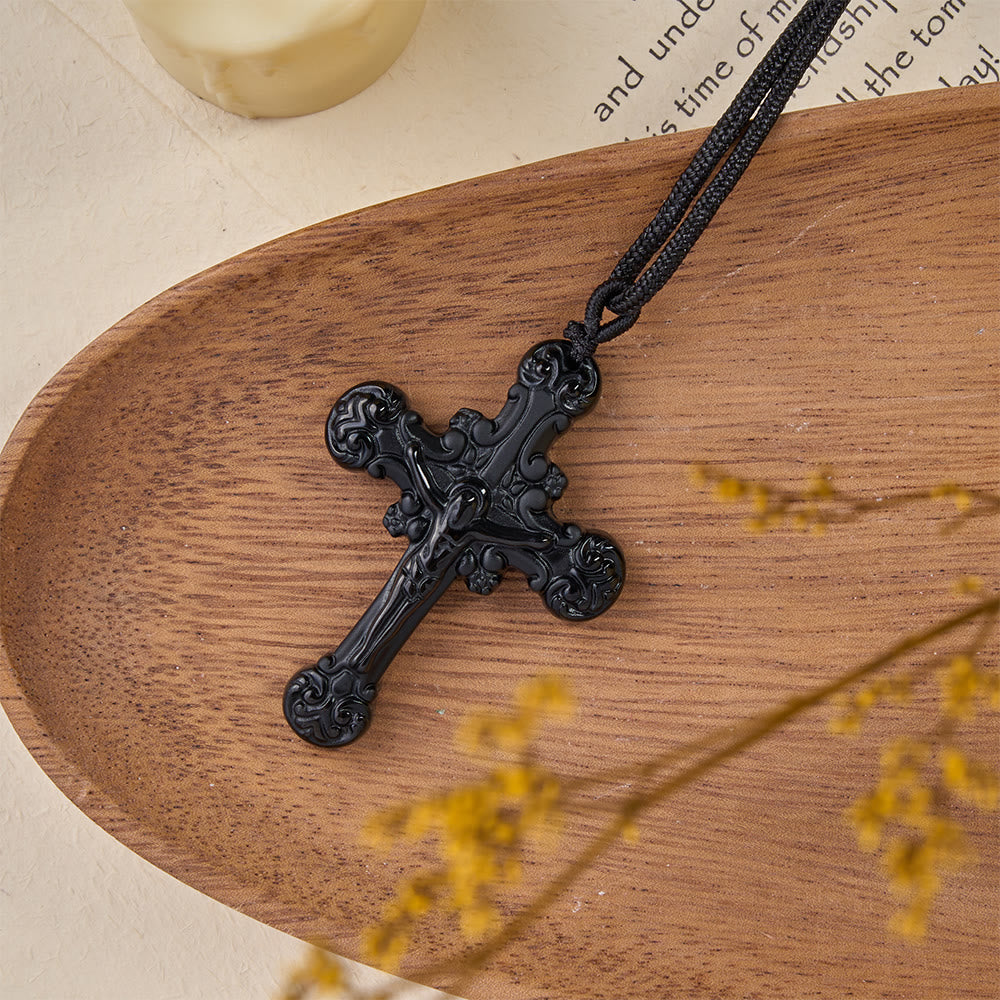 Collana con ciondolo a crocifisso in ossidiana in stile classico Christianartworkshop - image 6