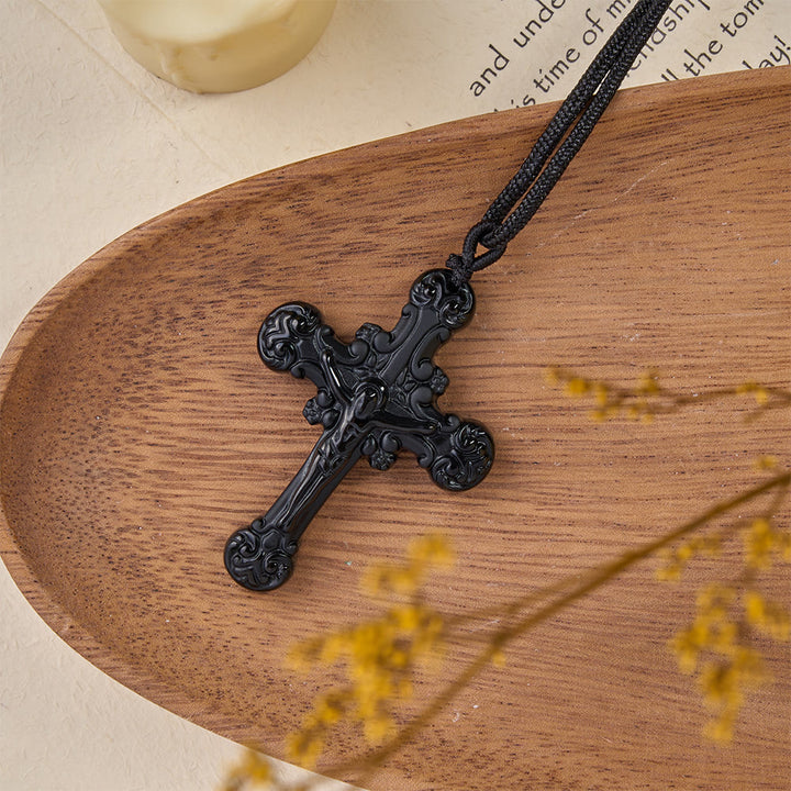 Collana con ciondolo a crocifisso in ossidiana in stile classico Christianartworkshop - image 6