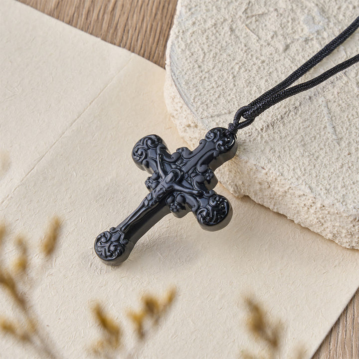 Collana con ciondolo a crocifisso in ossidiana in stile classico Christianartworkshop - image 8