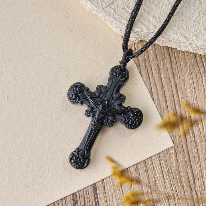 Collana con ciondolo a crocifisso in ossidiana in stile classico Christianartworkshop - image 3