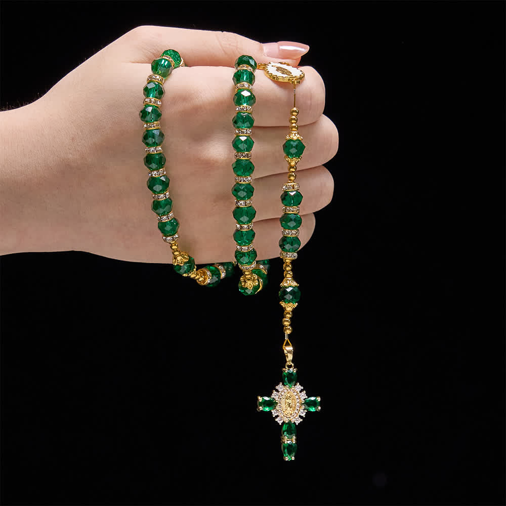 Christianartworkshop Rosario in vetro sfaccettato verde smeraldo con lussuosa croce della Madonna - image 1