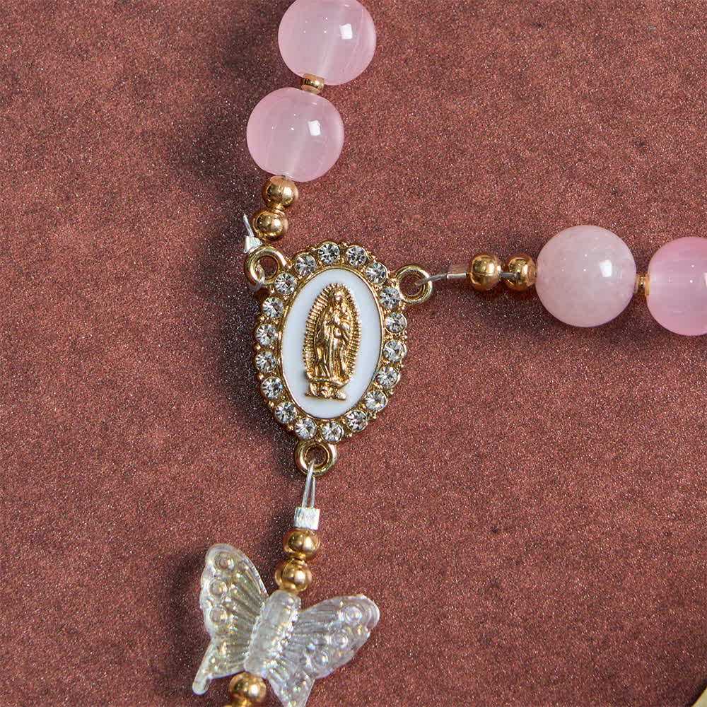 Christianartworkshop Rosario con farfalle in vetro rosa tenue, con Madonna e croce scintillanti - image 6