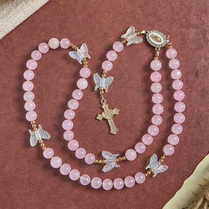 Christianartworkshop Rosario con farfalle in vetro rosa tenue, con Madonna e croce scintillanti - image 3