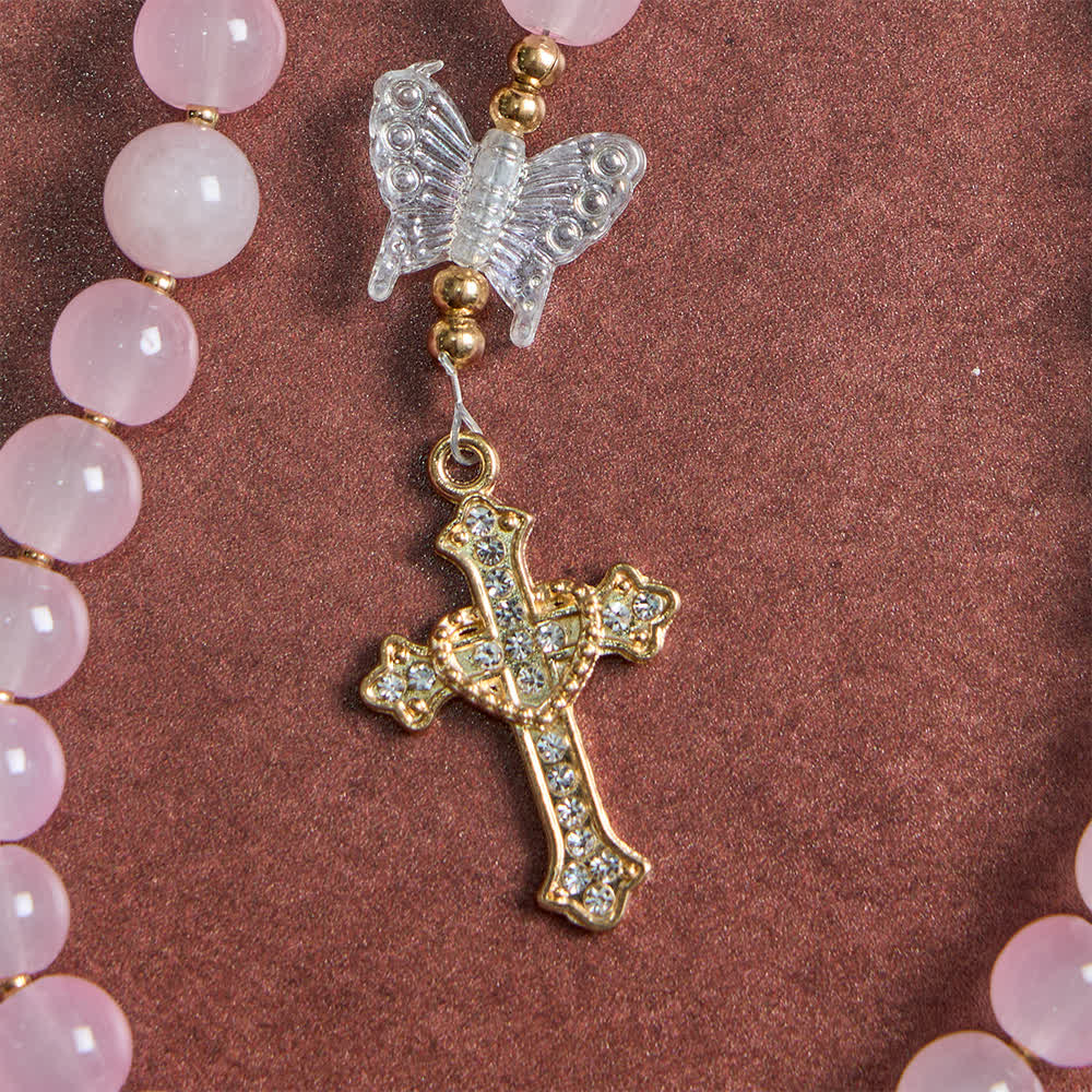 Christianartworkshop Rosario con farfalle in vetro rosa tenue, con Madonna e croce scintillanti - image 5