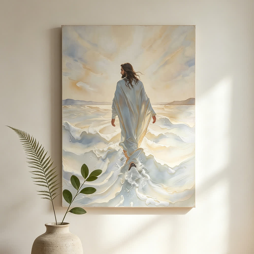 Christianartworkshop Opere d'arte cristiane Gesù che cammina sull'acqua Stampe artistiche da parete: Fede e guida divina - Quadro su tela incorniciato - 13,77"*19,58"*0,7"/35*50*1,8 cm - image 0