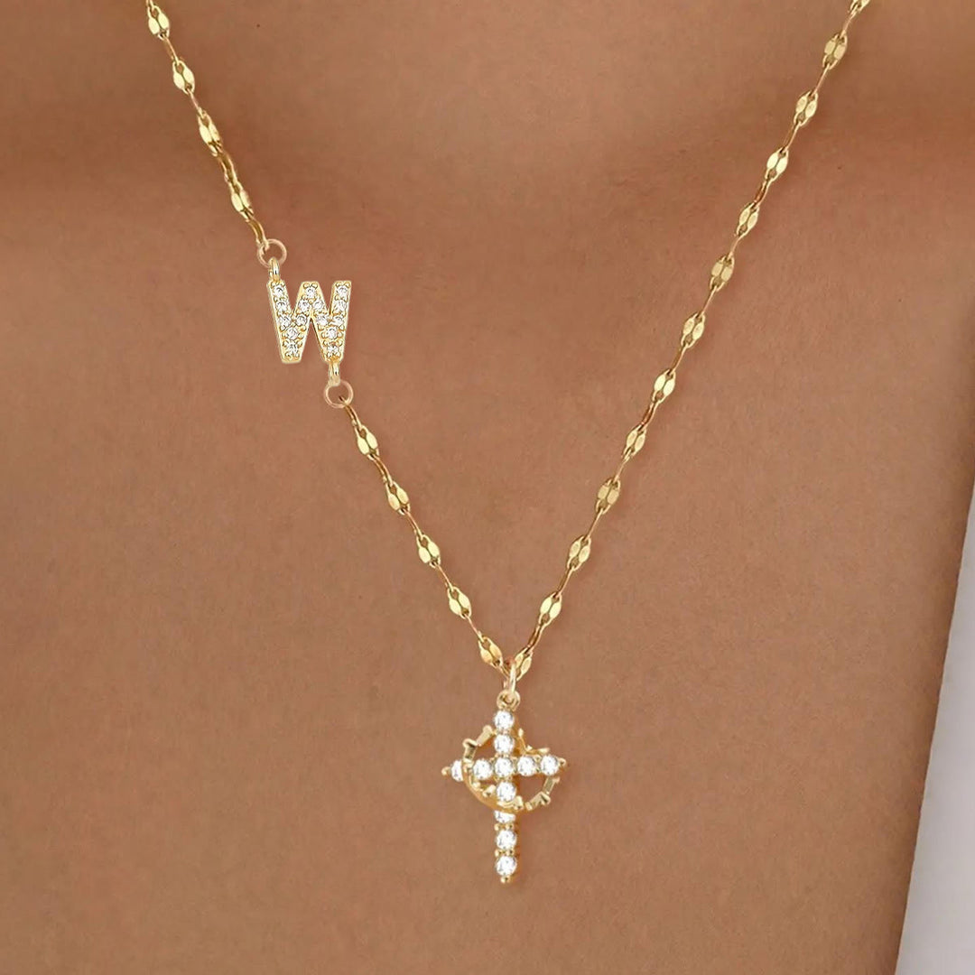 Collana con croce e corona personalizzata con iniziale AZ in tonalità oro e argento Christianartworkshop : ciondolo personalizzato con monogramma di fede sacra. - W - D'oro - image 25