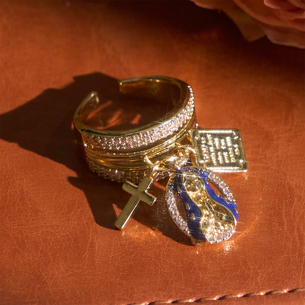 Christianartworkshop Anello aperto con ciondolo a croce e cuore della Vergine Maria in zirconi: simbolo di grazia mariana e amore sacro. - Blu (adatto alle taglie americane 7-9) - image 0