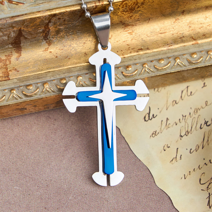 Christianartworkshop Collana con ciondolo a croce divisa a tre livelli: un simbolo moderno di fede incrollabile. - Blu - image 0