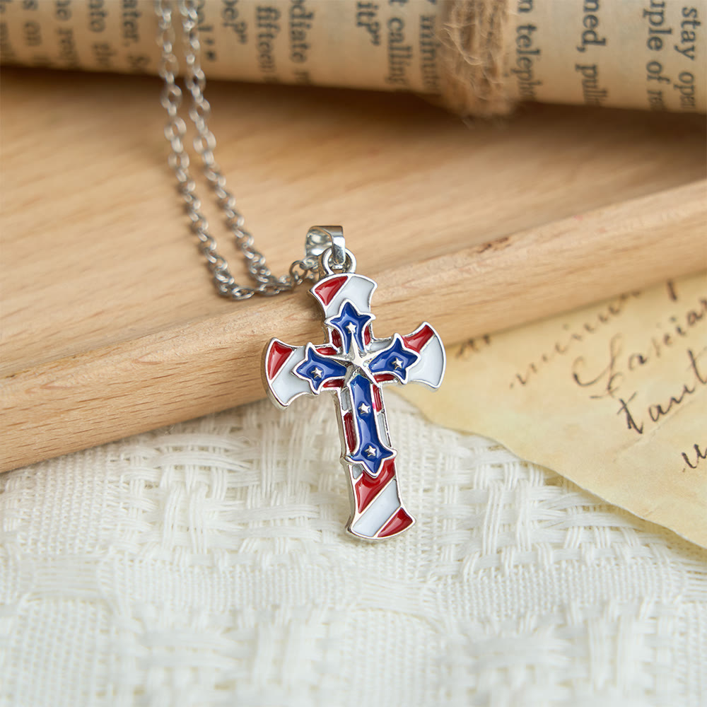 Christianartworkshop Collana patriottica a doppio strato con croce a stelle e strisce: gioiello ispirato al Giorno dell'Indipendenza e simbolo di fede. - Croce a stelle e strisce - image 0
