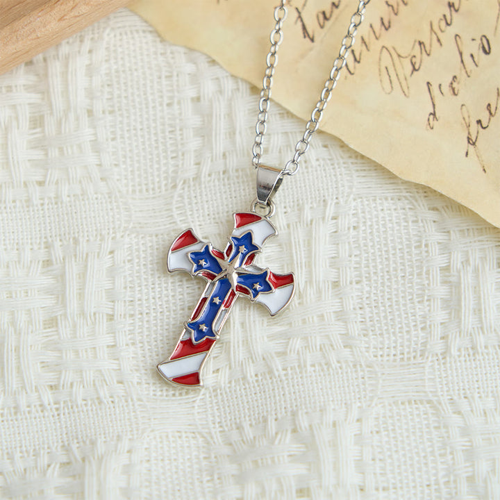 Christianartworkshop Collana patriottica a doppio strato con croce a stelle e strisce: gioiello ispirato al Giorno dell'Indipendenza e simbolo di fede. - image 4