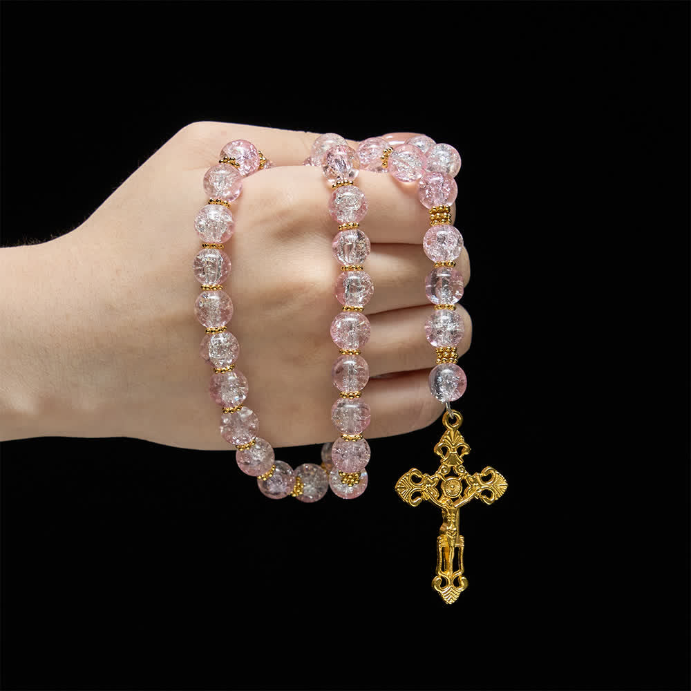 Christianartworkshop Rosario in vetro craquelé rosa e bianco con crocifisso decorato - image 1