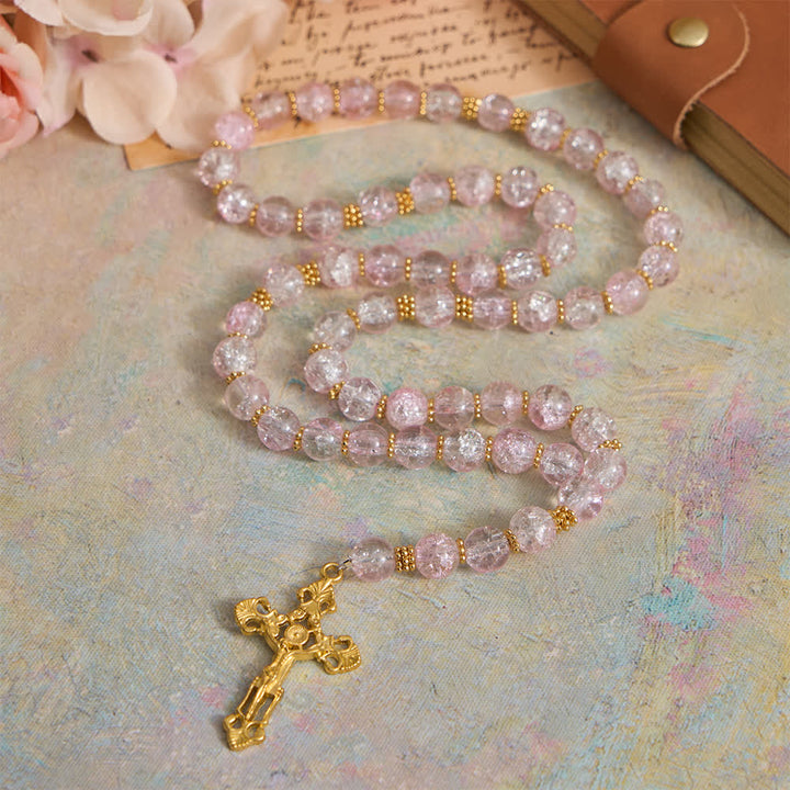 Christianartworkshop Rosario in vetro craquelé rosa e bianco con crocifisso decorato - image 3