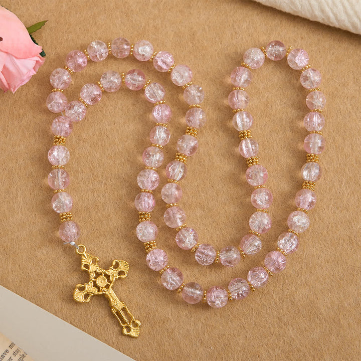 Christianartworkshop Rosario in vetro craquelé rosa e bianco con crocifisso decorato - Rosa - image 0