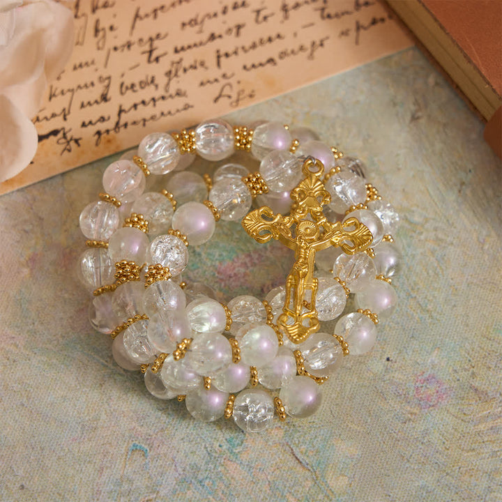 Christianartworkshop Rosario in vetro craquelé rosa e bianco con crocifisso decorato - image 12
