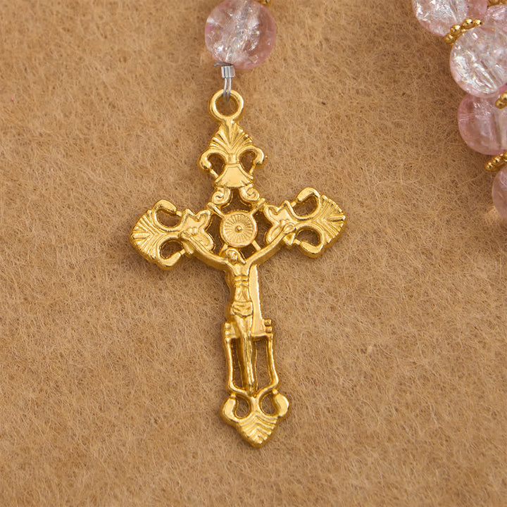 Christianartworkshop Rosario in vetro craquelé rosa e bianco con crocifisso decorato - image 14