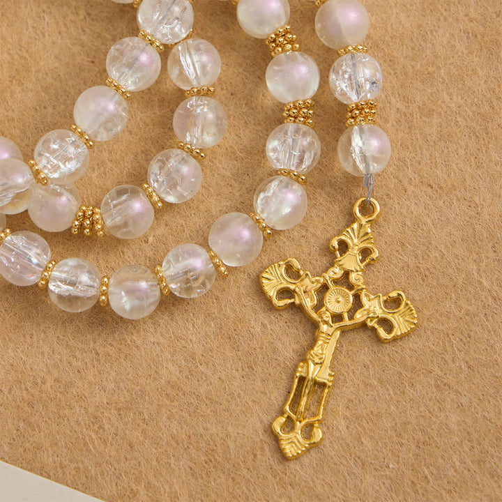 Christianartworkshop Rosario in vetro craquelé rosa e bianco con crocifisso decorato - image 13