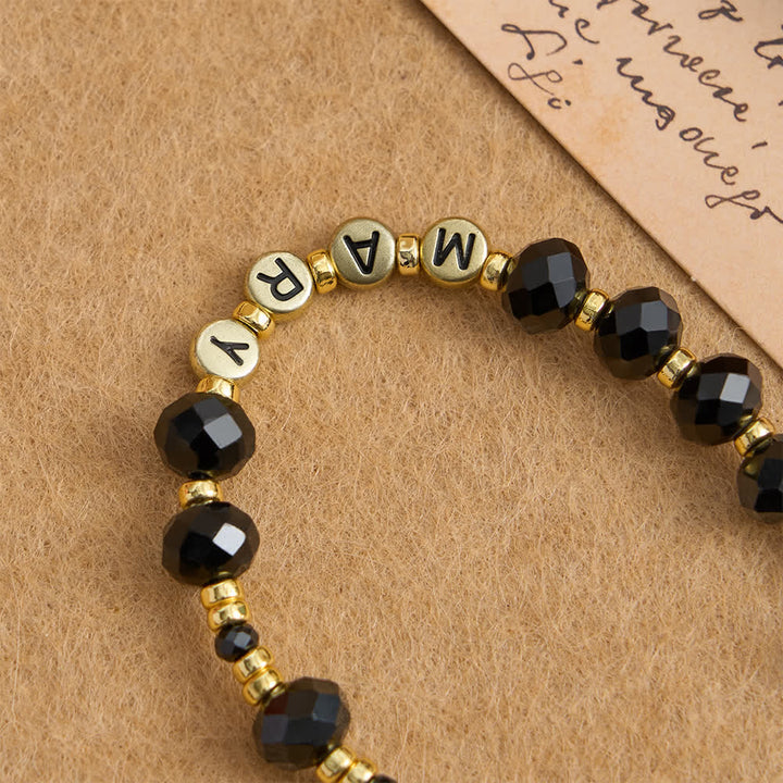 Rosario della Vergine Maria in vetro sfaccettato nero Christianartworkshop con lettere personalizzate per il nome della mamma - image 6