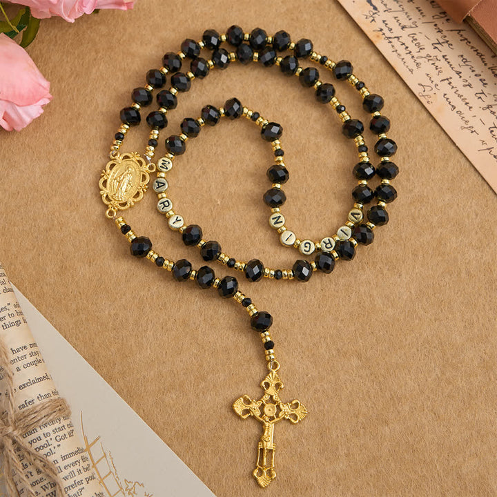 Rosario della Vergine Maria in vetro sfaccettato nero Christianartworkshop con lettere personalizzate per il nome della mamma - Vergine Maria - image 0