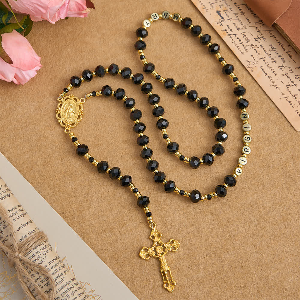 Rosario della Vergine Maria in vetro sfaccettato nero Christianartworkshop con lettere personalizzate per il nome della mamma - image 4