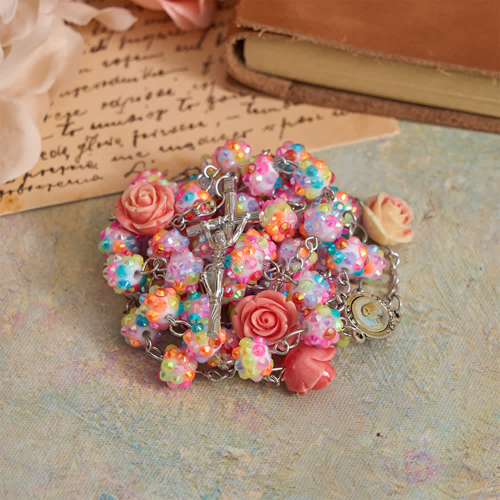 Christianartworkshop Rosario pasquale con perline di diamanti multicolori scintillanti e rosa rosa con Divina Misericordia - Divina Misericordia e Crocifisso - image 0