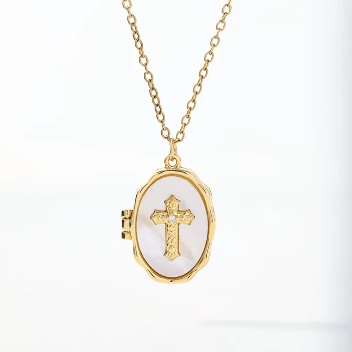 Christianartworkshop Collana con ciondolo a croce apribile e intarsio in madreperla: un ricordo dell'amore divino - image 5