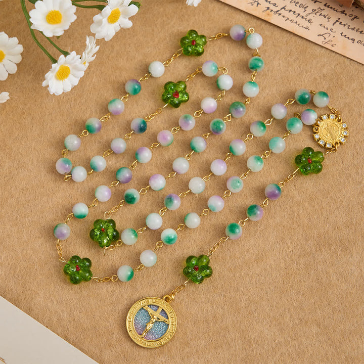 Christianartworkshop Rosario di San Benedetto con perle di calcedonio viola e fiore verde, con crocifisso scintillante. - image 4