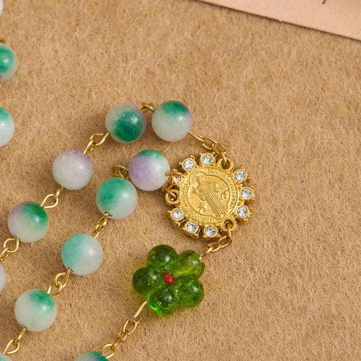 Christianartworkshop Rosario di San Benedetto con perle di calcedonio viola e fiore verde, con crocifisso scintillante. - image 6