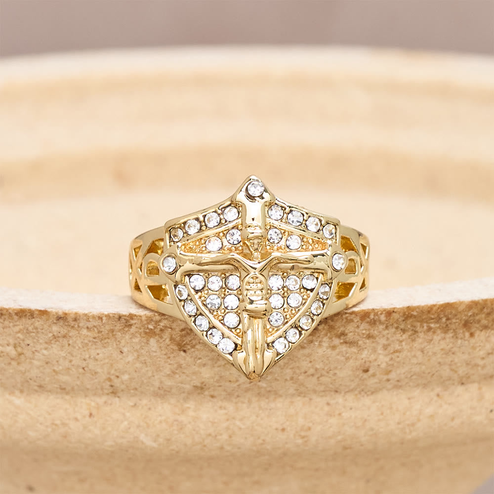 Christianartworkshop Anello con sigillo a forma di crocifisso a scudo con pavé di zirconi: simbolo di fede e protezione divina. - US 13 - image 0