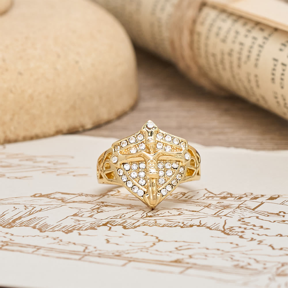 Christianartworkshop Anello con sigillo a forma di crocifisso a scudo con pavé di zirconi: simbolo di fede e protezione divina. - image 3