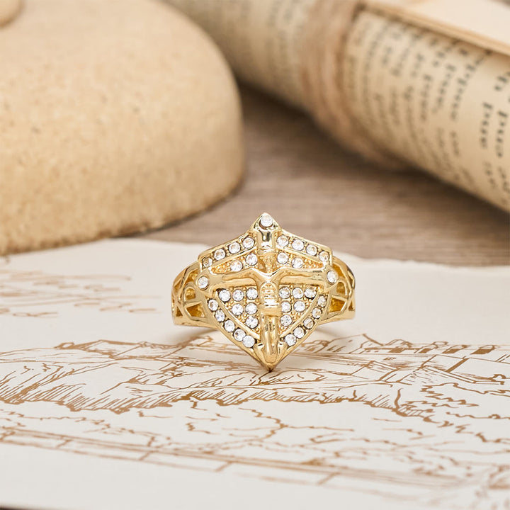 Christianartworkshop Anello con sigillo a forma di crocifisso a scudo con pavé di zirconi: simbolo di fede e protezione divina. - image 3