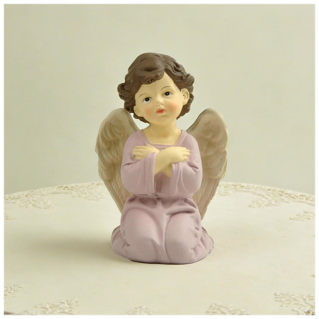 Christianartworkshop Statuette di angelo inginocchiato con veste viola, cuore, preghiera e braccia incrociate: promemoria della grazia celeste - image 5