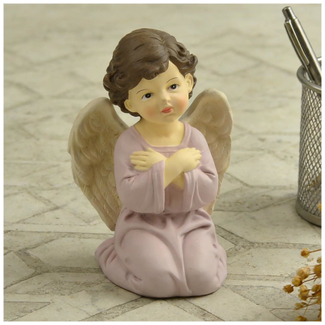 Christianartworkshop Statuette di angelo inginocchiato con veste viola, cuore, preghiera e braccia incrociate: promemoria della grazia celeste - image 3