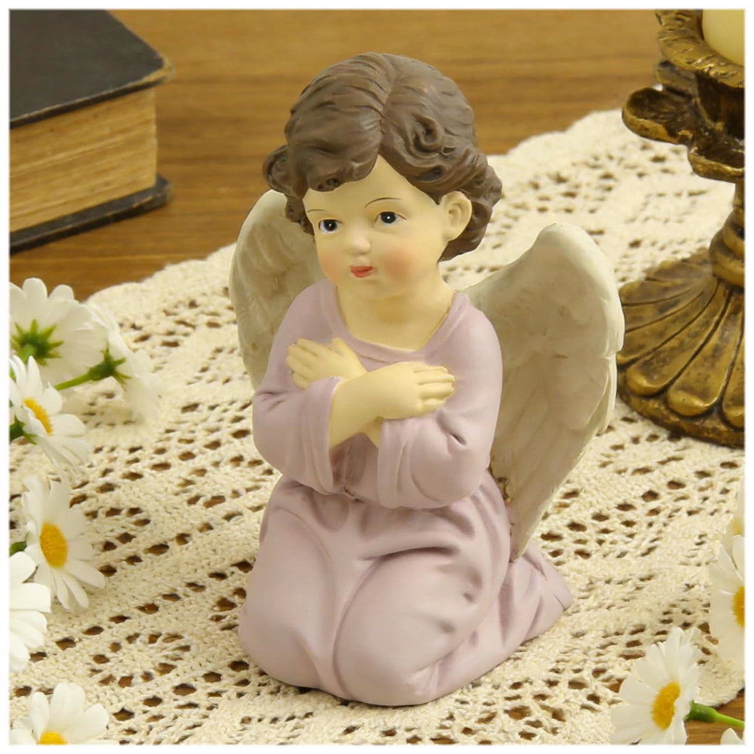Christianartworkshop Statuette di angelo inginocchiato con veste viola, cuore, preghiera e braccia incrociate: promemoria della grazia celeste - image 1