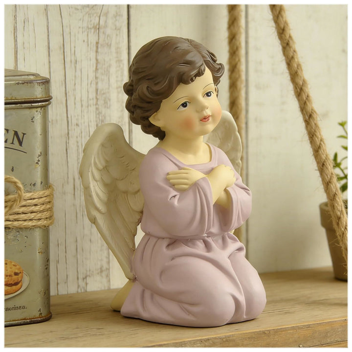 Christianartworkshop Statuette di angelo inginocchiato con veste viola, cuore, preghiera e braccia incrociate: promemoria della grazia celeste - image 2