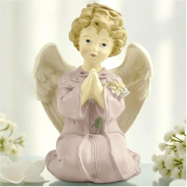 Christianartworkshop Statuette di angelo inginocchiato con veste viola, cuore, preghiera e braccia incrociate: promemoria della grazia celeste - Preghiera - image 13