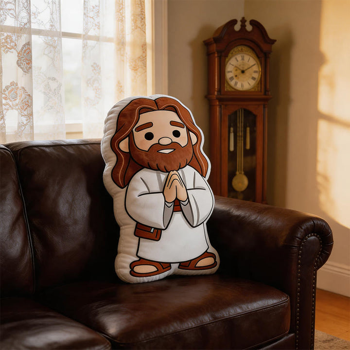 Christianartworkshop Simpatico cuscino di peluche a forma di Gesù in preghiera in stile cartone animato: un'originale decorazione per la casa ispirata alla fede. - image 2