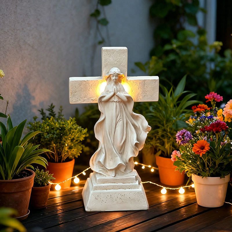 Christianartworkshop Statua da giardino della Vergine Maria con croce e illuminazione solare: simbolo di grazia mariana e luce divina. - Vergine Maria e Croce - image 0