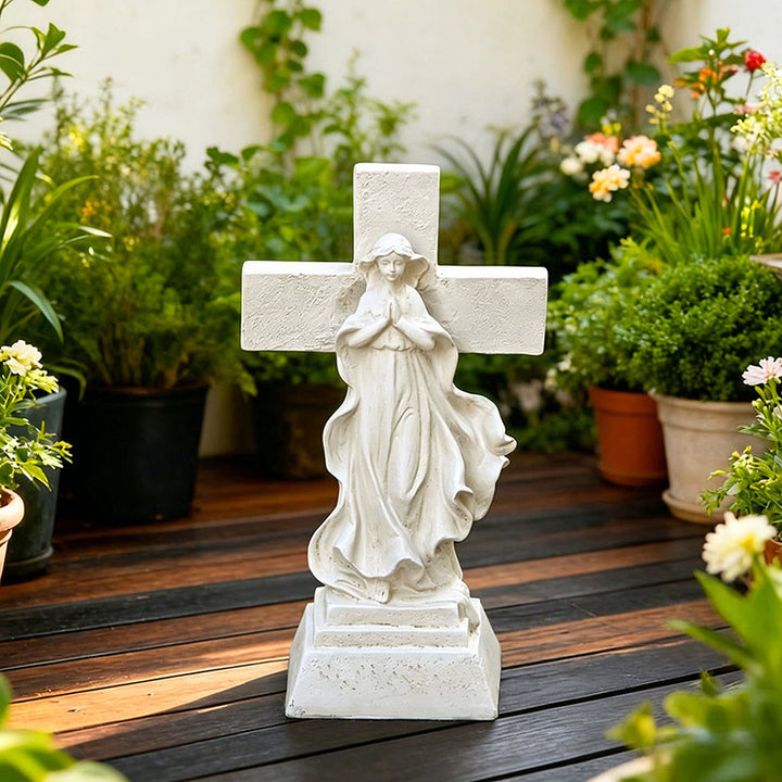 Christianartworkshop Statua da giardino della Vergine Maria con croce e illuminazione solare: simbolo di grazia mariana e luce divina. - image 3