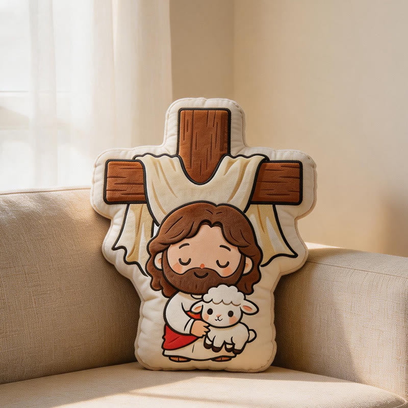 Christianartworkshop Simpatico cuscino di peluche a forma di croce con Gesù e agnello: un'accogliente decorazione per la casa ispirata alla fede. - 24" (60 cm) - image 0
