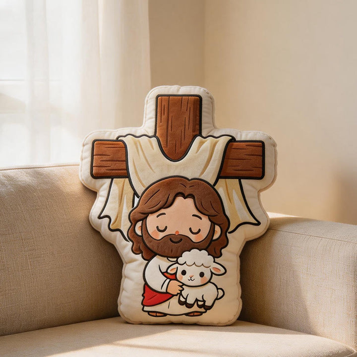 Christianartworkshop Simpatico cuscino di peluche a forma di croce con Gesù e agnello: un'accogliente decorazione per la casa ispirata alla fede. - 24" (60 cm) - image 0