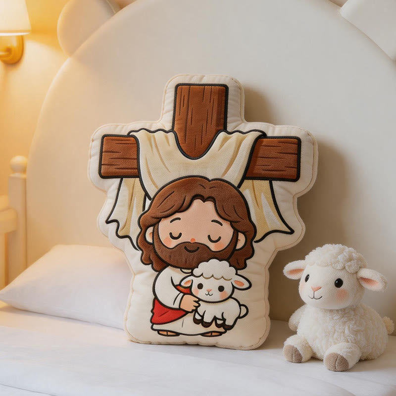 Christianartworkshop Simpatico cuscino di peluche a forma di croce con Gesù e agnello: un'accogliente decorazione per la casa ispirata alla fede. - image 2