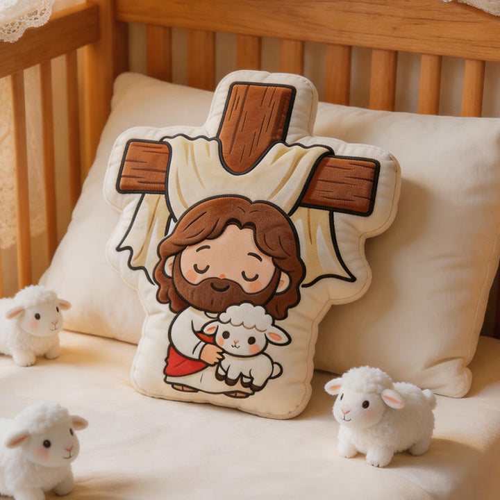 Christianartworkshop Simpatico cuscino di peluche a forma di croce con Gesù e agnello: un'accogliente decorazione per la casa ispirata alla fede. - image 3