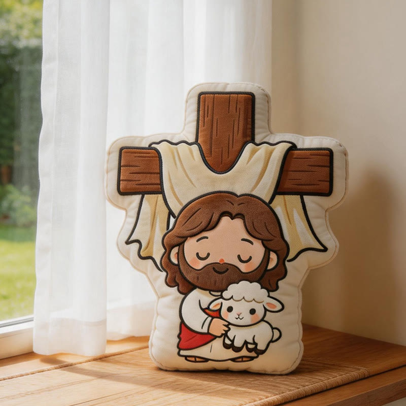 Christianartworkshop Simpatico cuscino di peluche a forma di croce con Gesù e agnello: un'accogliente decorazione per la casa ispirata alla fede. - image 1