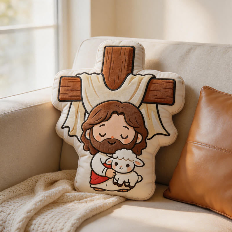Christianartworkshop Simpatico cuscino di peluche a forma di croce con Gesù e agnello: un'accogliente decorazione per la casa ispirata alla fede. - image 5