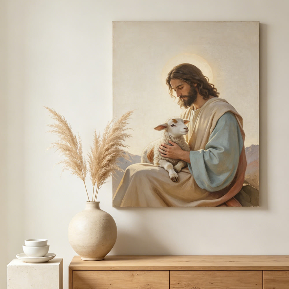 Christianartworkshop Stampa artistica da parete di Gesù il Buon Pastore: un simbolo di compassione divina e amore gentile. - Quadro su tela incorniciato - 13,77"*19,58"*0,7"/35*50*1,8 cm - image 0