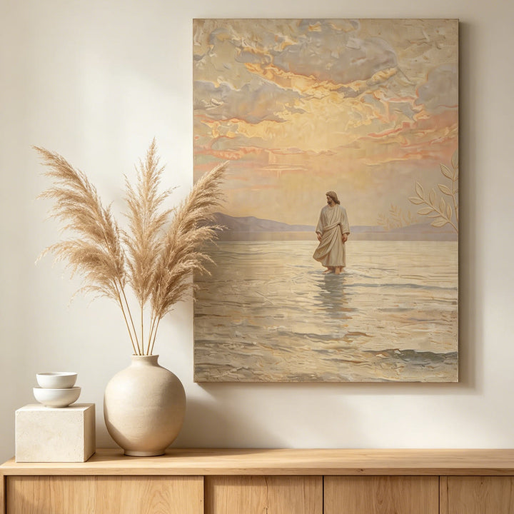 Christianartworkshop Stampa di Gesù sull'acqua al tramonto caldo: un simbolo quotidiano di speranza e di superamento dell'impossibile - Quadro su tela incorniciato - 13,77"*19,58"*0,7"/35*50*1,8 cm - image 0