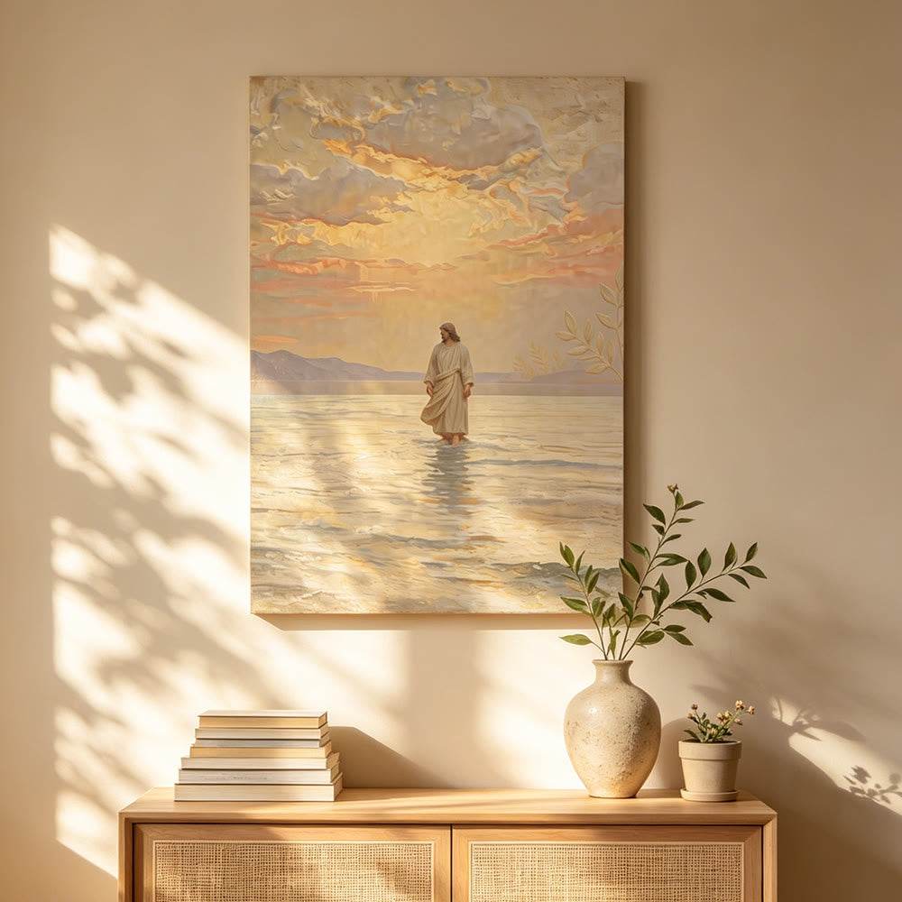 Christianartworkshop Stampa di Gesù sull'acqua al tramonto caldo: un simbolo quotidiano di speranza e di superamento dell'impossibile - image 1