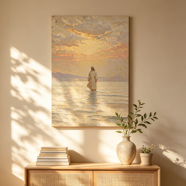 Christianartworkshop Stampa di Gesù sull'acqua al tramonto caldo: un simbolo quotidiano di speranza e di superamento dell'impossibile - image 1