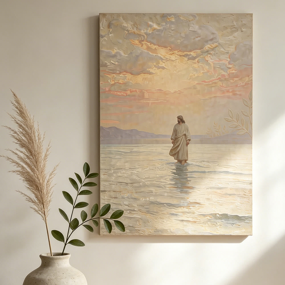 Christianartworkshop Stampa di Gesù sull'acqua al tramonto caldo: un simbolo quotidiano di speranza e di superamento dell'impossibile - image 2